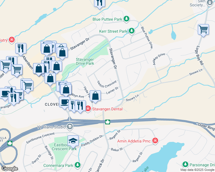 map of restaurants, bars, coffee shops, grocery stores, and more near Veitch Crescent in St. John's