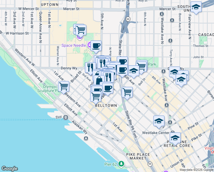 map of restaurants, bars, coffee shops, grocery stores, and more near 2615 4th Avenue in Seattle