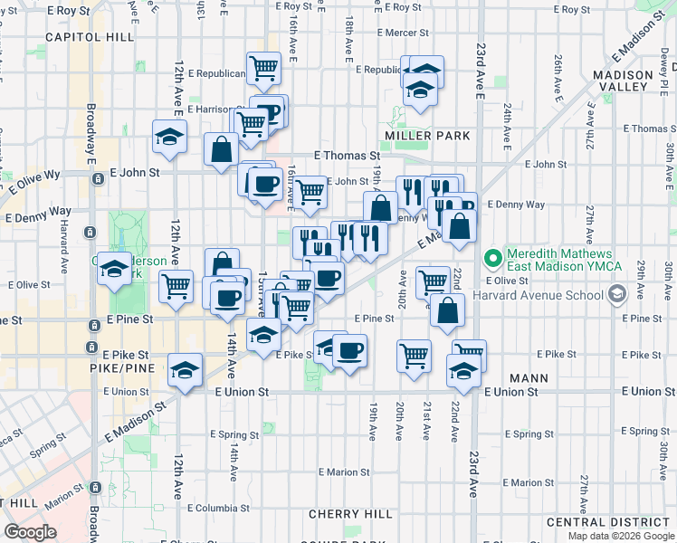 map of restaurants, bars, coffee shops, grocery stores, and more near 1732 18th Avenue in Seattle
