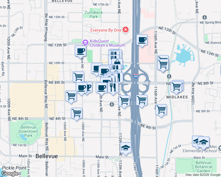 map of restaurants, bars, coffee shops, grocery stores, and more near 1111 Northeast 8th Street in Bellevue
