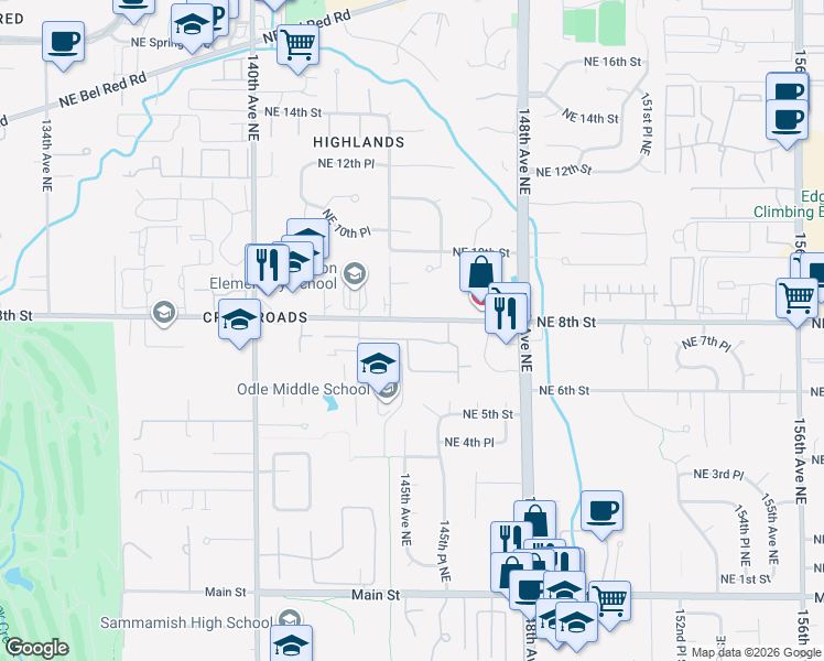 map of restaurants, bars, coffee shops, grocery stores, and more near 14428 Northeast 8th Street in Bellevue