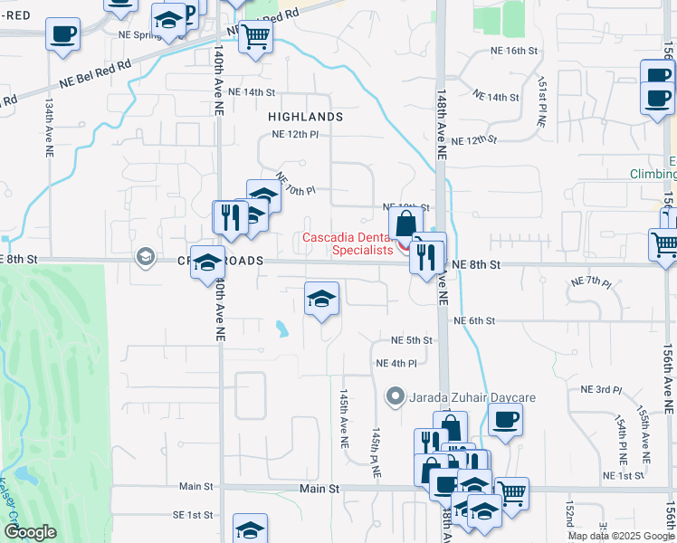 map of restaurants, bars, coffee shops, grocery stores, and more near 14428 Northeast 8th Street in Bellevue