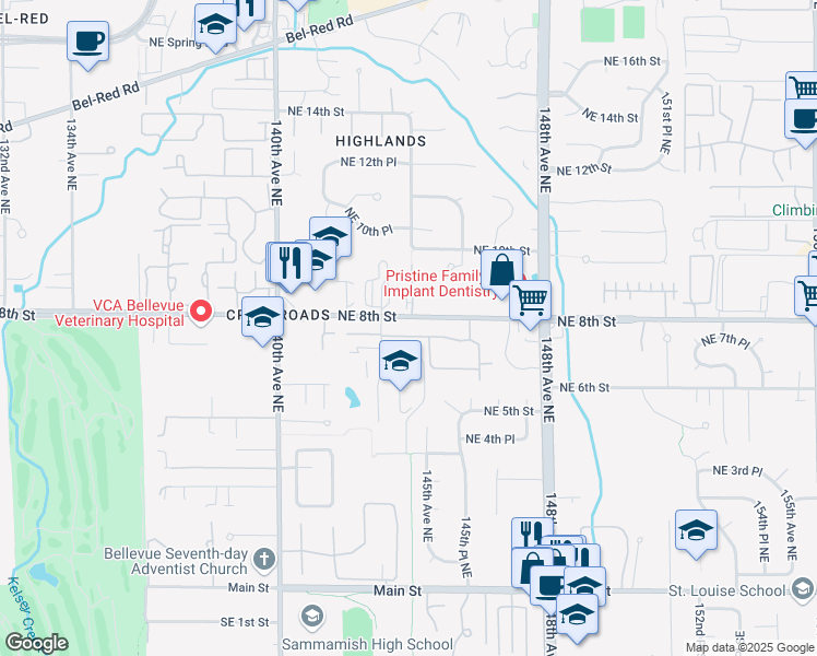 map of restaurants, bars, coffee shops, grocery stores, and more near 14428 Northeast 8th Street in Bellevue