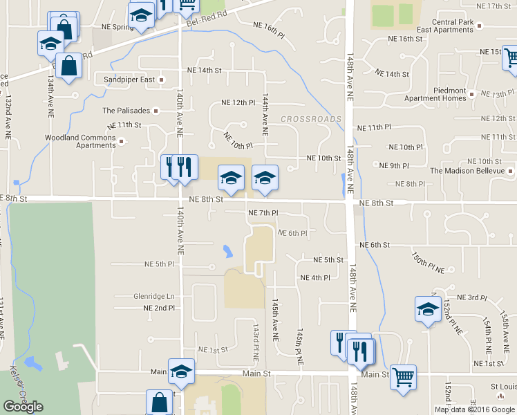 map of restaurants, bars, coffee shops, grocery stores, and more near 14220 Northeast 8th Street in Bellevue