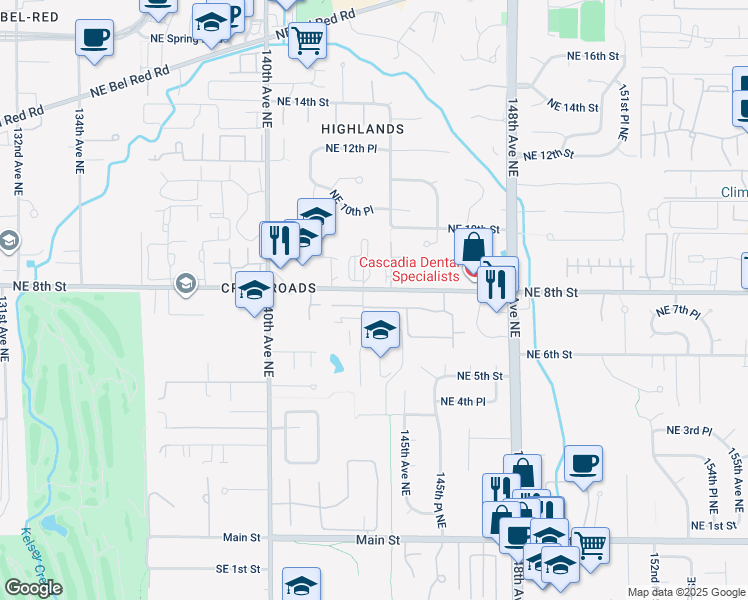 map of restaurants, bars, coffee shops, grocery stores, and more near 14220 Northeast 8th Street in Bellevue