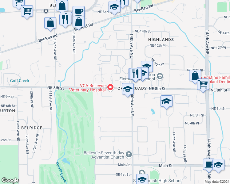 map of restaurants, bars, coffee shops, grocery stores, and more near 13863 Northeast 8th Street in Bellevue