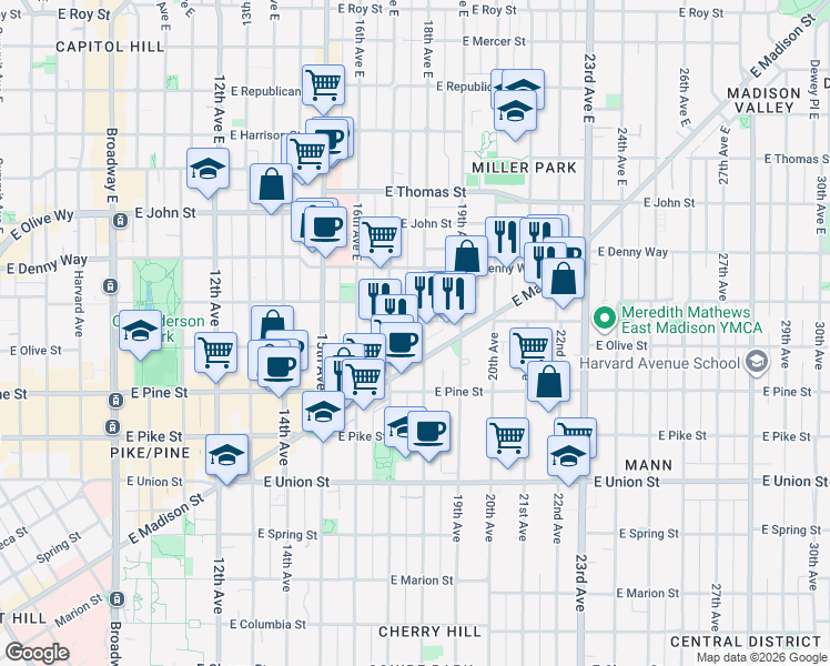 map of restaurants, bars, coffee shops, grocery stores, and more near 1732 18th Avenue in Seattle