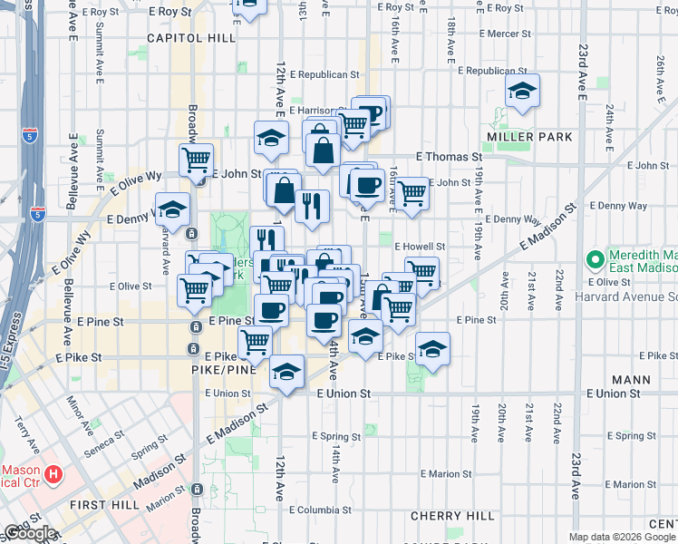map of restaurants, bars, coffee shops, grocery stores, and more near 1327 East Howell Street in Seattle
