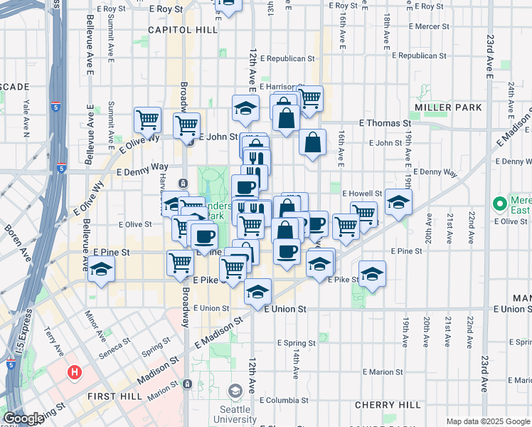map of restaurants, bars, coffee shops, grocery stores, and more near 1731 13th Avenue in Seattle