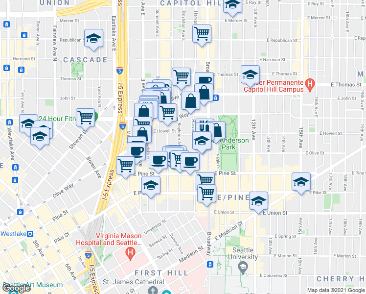 map of restaurants, bars, coffee shops, grocery stores, and more near 1737 Boylston Avenue in Seattle