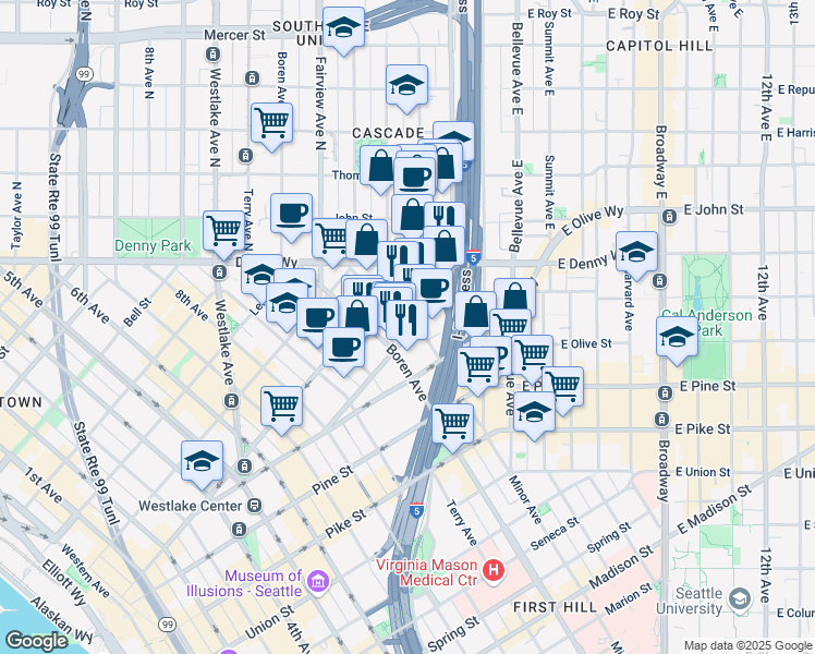 map of restaurants, bars, coffee shops, grocery stores, and more near 1818 Minor Avenue in Seattle