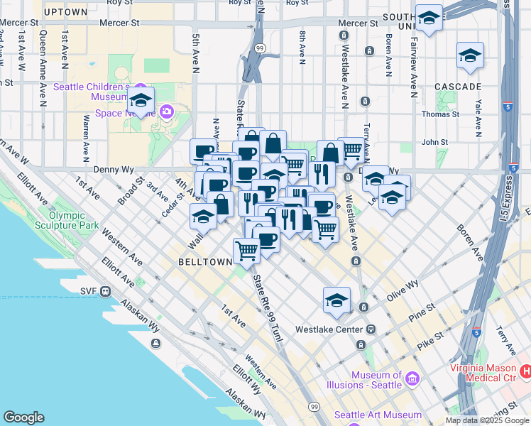 map of restaurants, bars, coffee shops, grocery stores, and more near 2326 6th Avenue in Seattle