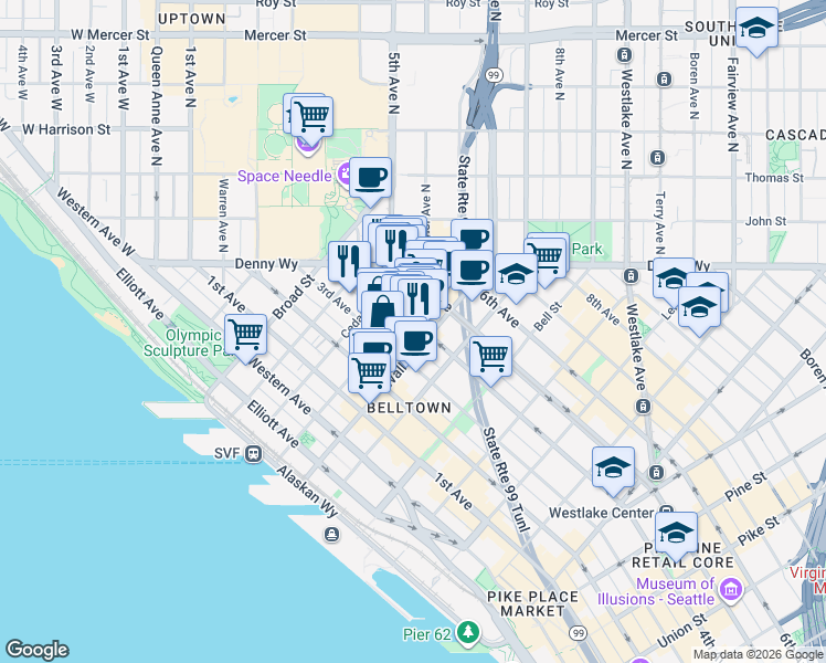 map of restaurants, bars, coffee shops, grocery stores, and more near 2615 4th Avenue in Seattle