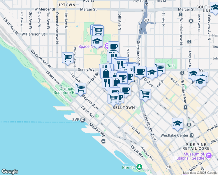 map of restaurants, bars, coffee shops, grocery stores, and more near in Seattle