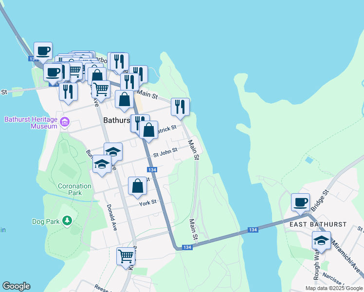 map of restaurants, bars, coffee shops, grocery stores, and more near 387 Saint John Street in Bathurst