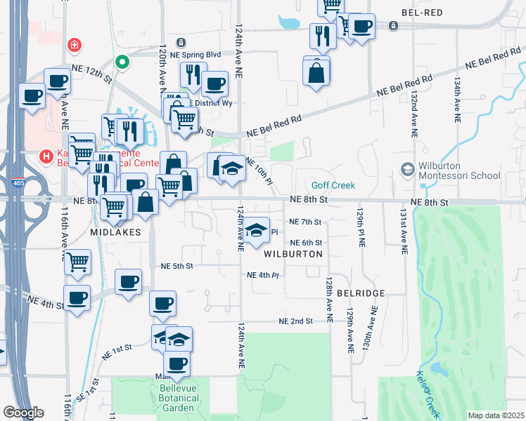 map of restaurants, bars, coffee shops, grocery stores, and more near 900 124th Avenue Northeast in Bellevue
