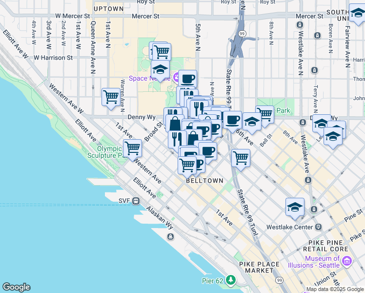 map of restaurants, bars, coffee shops, grocery stores, and more near 255 Cedar Street in Seattle