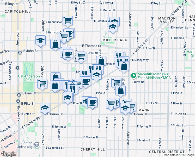 map of restaurants, bars, coffee shops, grocery stores, and more near 1818 East Madison Street in Seattle