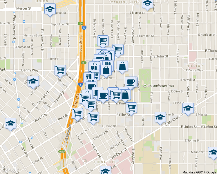 map of restaurants, bars, coffee shops, grocery stores, and more near 1737 Belmont Avenue in Seattle