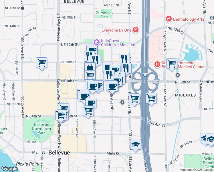 map of restaurants, bars, coffee shops, grocery stores, and more near 10900 Northeast 9th Street in Bellevue