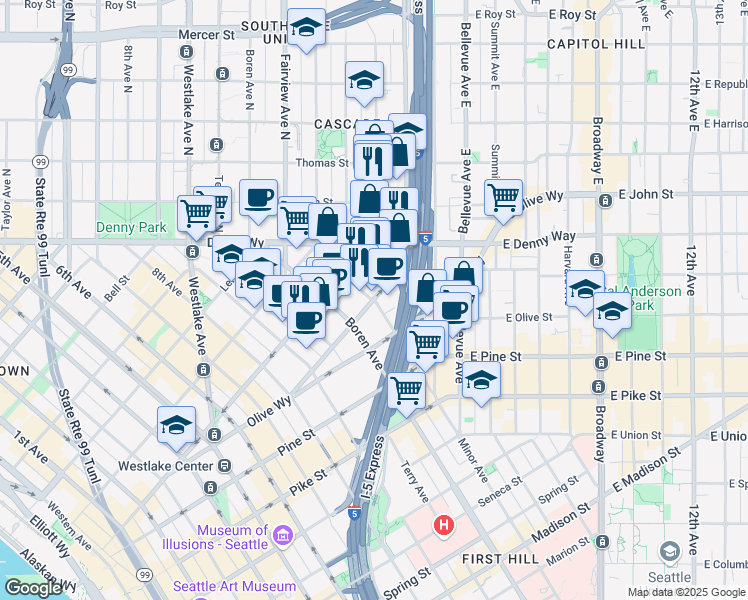 map of restaurants, bars, coffee shops, grocery stores, and more near 1200 Howell Street in Seattle