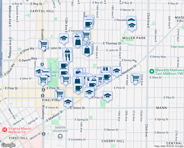 map of restaurants, bars, coffee shops, grocery stores, and more near 1733 15th Avenue in Seattle