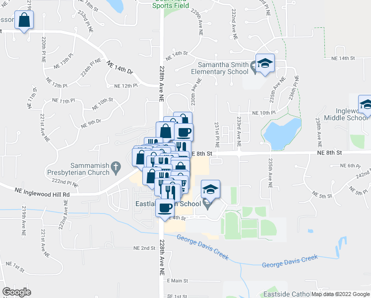 map of restaurants, bars, coffee shops, grocery stores, and more near 22830 Northeast 8th Street in Sammamish