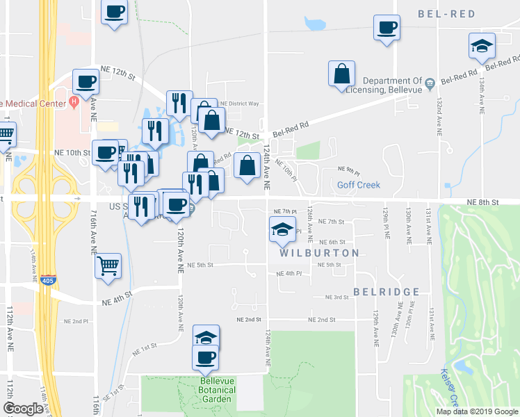 map of restaurants, bars, coffee shops, grocery stores, and more near 12360 Northeast 8th Street in Bellevue