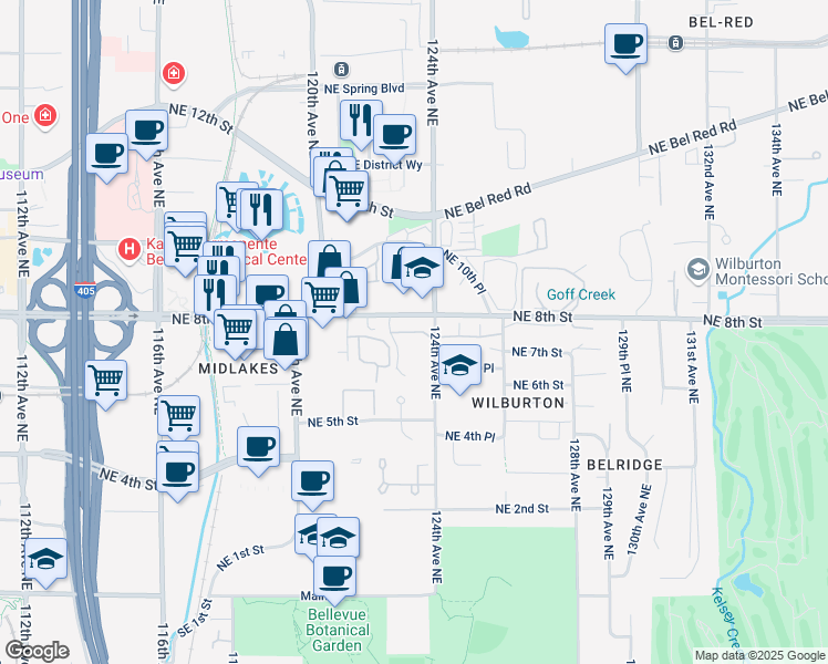 map of restaurants, bars, coffee shops, grocery stores, and more near 12310 Northeast 8th Street in Bellevue