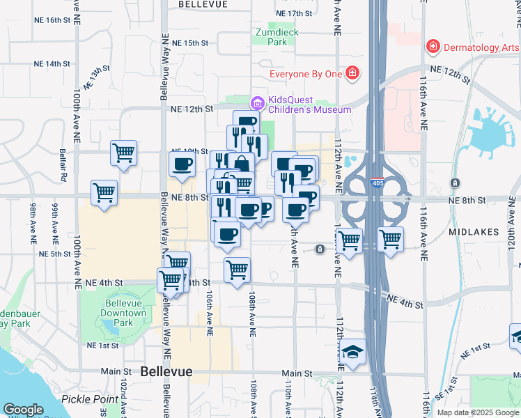 map of restaurants, bars, coffee shops, grocery stores, and more near in Bellevue