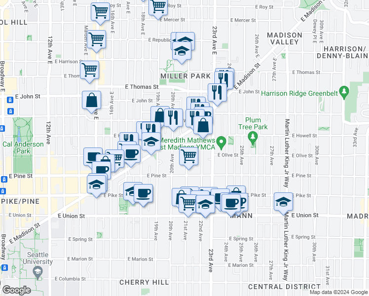 map of restaurants, bars, coffee shops, grocery stores, and more near 2014 East Madison Street in Seattle