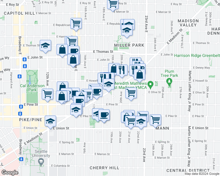 map of restaurants, bars, coffee shops, grocery stores, and more near 1732 18th Avenue in Seattle