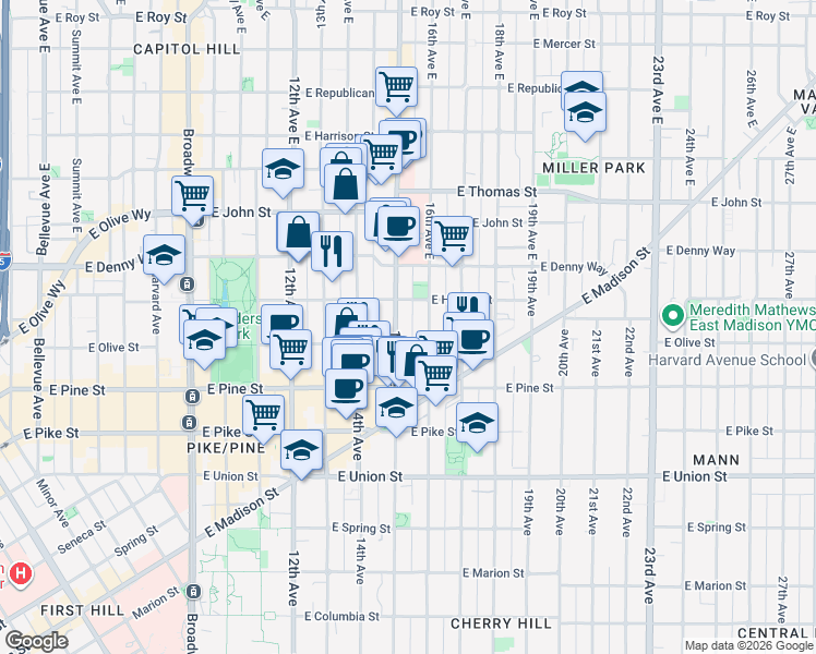 map of restaurants, bars, coffee shops, grocery stores, and more near 1733 15th Avenue in Seattle