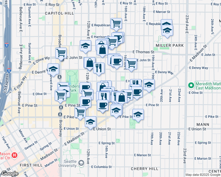 map of restaurants, bars, coffee shops, grocery stores, and more near 1733 15th Avenue in Seattle