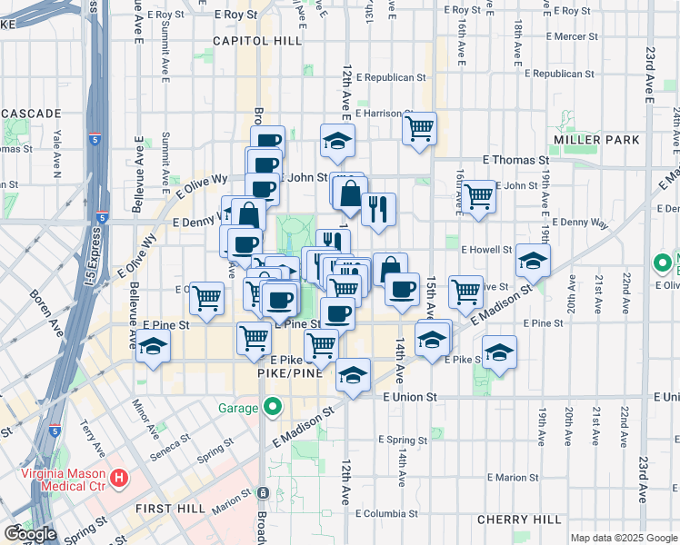 map of restaurants, bars, coffee shops, grocery stores, and more near in Seattle