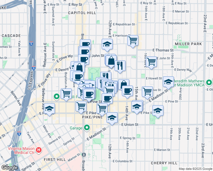 map of restaurants, bars, coffee shops, grocery stores, and more near in Seattle