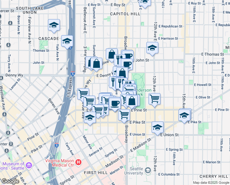 map of restaurants, bars, coffee shops, grocery stores, and more near 1814 Harvard Avenue in Seattle