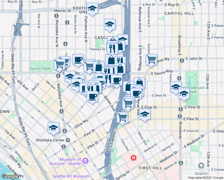 map of restaurants, bars, coffee shops, grocery stores, and more near 1818 Minor Avenue in Seattle