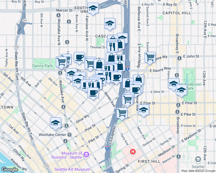 map of restaurants, bars, coffee shops, grocery stores, and more near 1818 Minor Avenue in Seattle