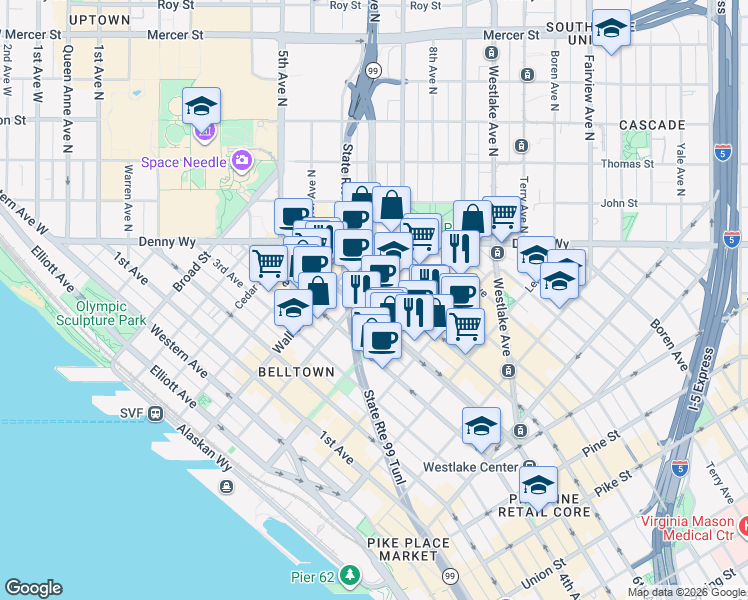 map of restaurants, bars, coffee shops, grocery stores, and more near 2326 6th Avenue in Seattle