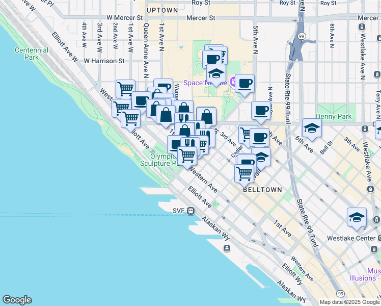 map of restaurants, bars, coffee shops, grocery stores, and more near 2915 1st Avenue in Seattle