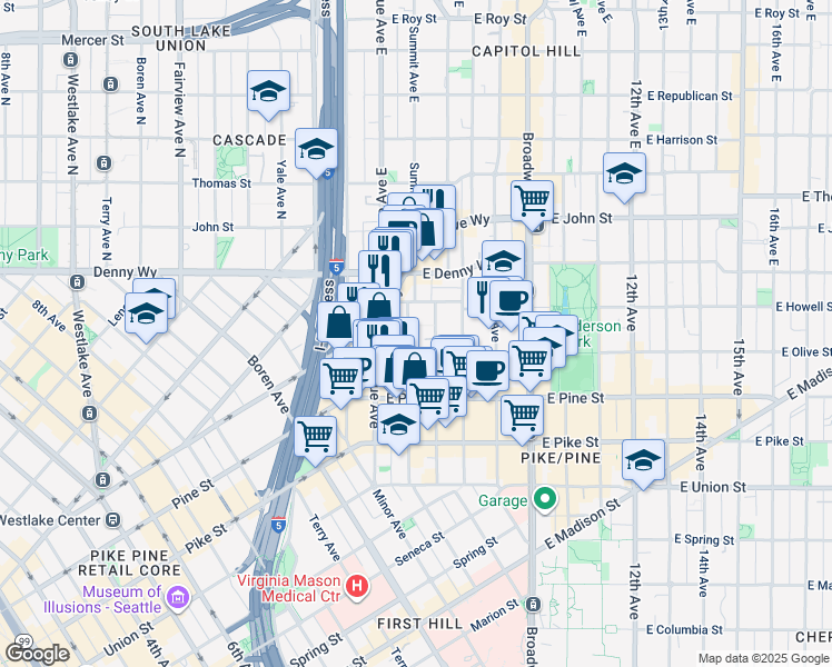 map of restaurants, bars, coffee shops, grocery stores, and more near 1718 Summit Avenue in Seattle