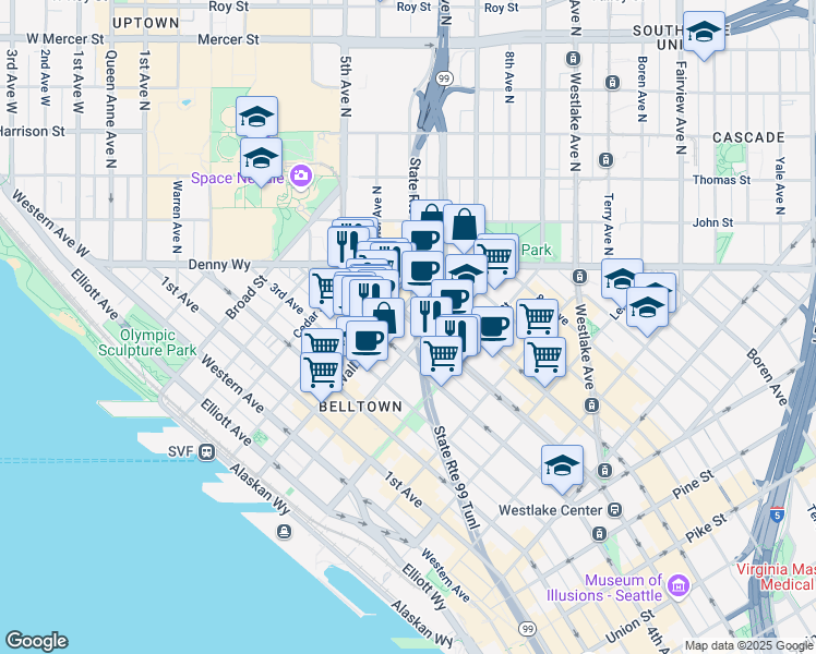 map of restaurants, bars, coffee shops, grocery stores, and more near 2400 4th Avenue in Seattle