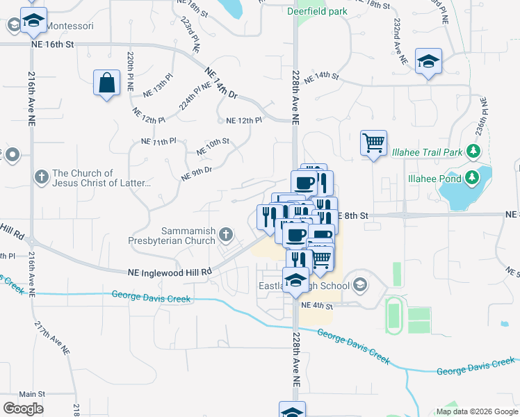 map of restaurants, bars, coffee shops, grocery stores, and more near 22626 Northeast Inglewood Hill Road in Sammamish