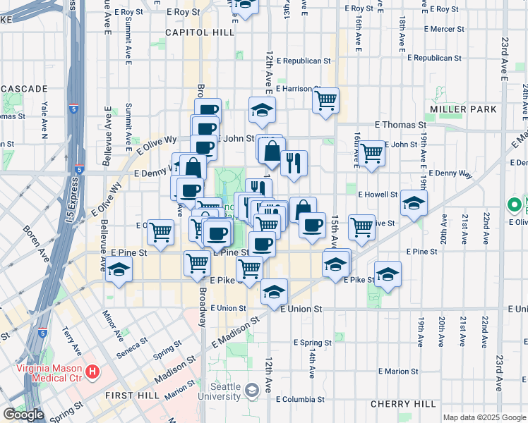 map of restaurants, bars, coffee shops, grocery stores, and more near 1717 12th Avenue in Seattle