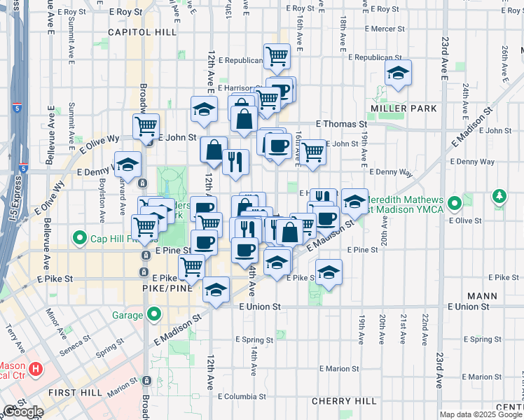 map of restaurants, bars, coffee shops, grocery stores, and more near 1714 14th Avenue in Seattle