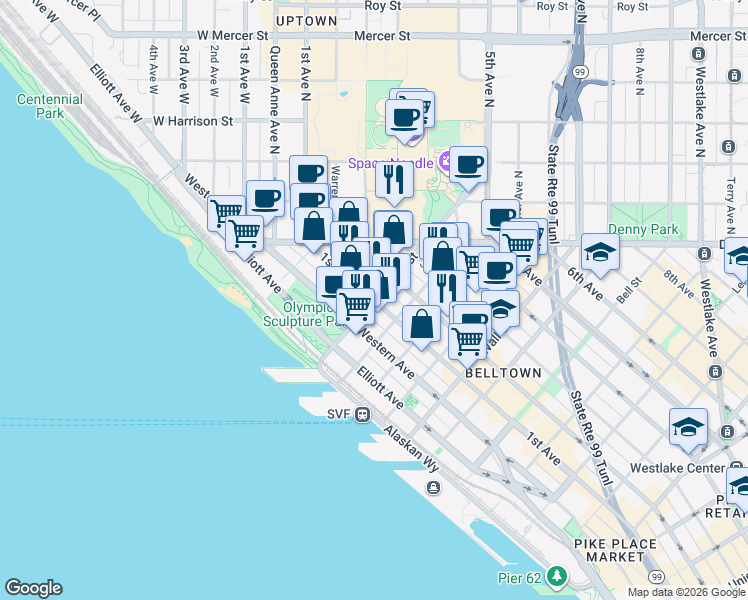 map of restaurants, bars, coffee shops, grocery stores, and more near Broad St & 1st Ave in Seattle