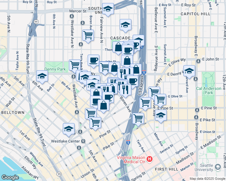 map of restaurants, bars, coffee shops, grocery stores, and more near 1099 Stewart Street in Seattle