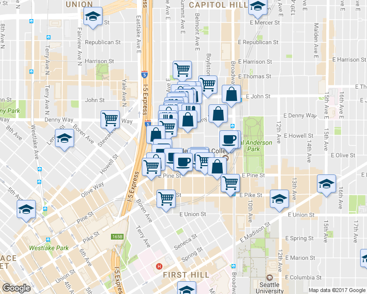 map of restaurants, bars, coffee shops, grocery stores, and more near 1737 Belmont Avenue in Seattle