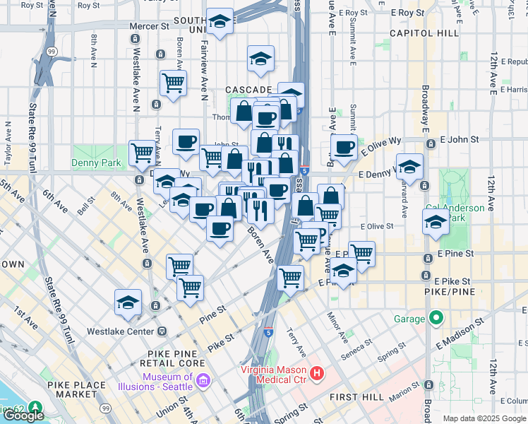 map of restaurants, bars, coffee shops, grocery stores, and more near 1818 Minor Avenue in Seattle
